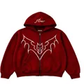 Red zip-up hoodie with white bat wings graphic and flow logo - S / Tops / Burgundy