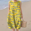 Detailed shot of a yellow sleeveless casual midi dress featuring a vibrant blue fish pattern print - 4XL / Dresses / Yellow Fish Print (Pattern 13)