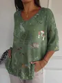 Casual dames T-shirt met V-hals in bosgroen met vintage 3D natuurlijke dierenprint - XS / Tops / Patroon 15