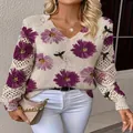 Detailed view of V-neck crochet sweater featuring purple floral and bee motifs - S / Tops / Color 3