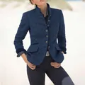 Elegant navy blue textured wool jacket with multiple decorative gold buttons for women - S / Tops / Dark Blue