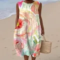 Casual sleeveless midi dress with vibrant floral print on a sunny beach background - 4XL / Dresses / Pattern 17