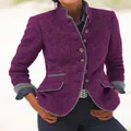 Elegant women's purple wool tweed blazer with contrast grey trim and multi-button detail - S / Tops / Deep purple