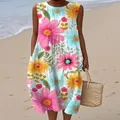Sleeveless casual midi dress with vibrant pink and yellow floral print on sunny beach. - 4XL / Dresses / Pattern 18