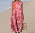 Sleeveless pink floral maxi dress with red starfish patterns for summer beach wear - 4XL / Dresses / Red Print (Pattern 20)
