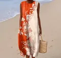 Detailed view of the sleeveless floral print maxi dress on a sunny beach background - 4XL / Dresses / Pattern 21