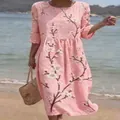 Elegant pink midi dress featuring a white cherry blossom print and 5-quarter sleeves - S / Dresses / Pink Floral Print (Y-2)