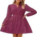 Elegante abito corto in cotone ricamato viola con scollo a V e maniche lunghe da donna - Borgogna