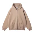 Beige oversized hoodie met rits, kangoeroezakken en geribbelde boorden aan de mouwen - XS / Tops / camel