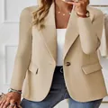 Elegante effen beige blazer jas in grote maten met één knoop voor dames - Khaki