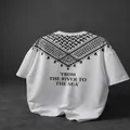 Loose fit white round neck T-shirt with black shoulder pattern and slogan print - S / Tops / White