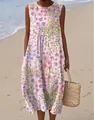 A graceful sleeveless floral print maxi dress perfect for a sunny beach vacation look - 4XL / Dresses / Pink Purple Floral (Pattern 28)