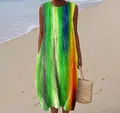 Close-up detail of sleeveless maxi dress with vibrant multi-color stripe print - 4XL / Dresses / Pattern 30