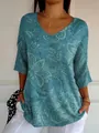 Casual turquoise T-shirt met V-hals, elegante bloemenprints en stijlvolle halve mouwen - XS / Tops / Turquoise paisley print
