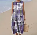 Sleeveless maxi dress detail featuring purple abstract patterns on a sunny beach - 4XL / Dresses / Pattern 32