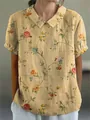 Vintage floral print details on a loose casual lapel short-sleeved top for women - S / Tops / Cream Floral (Pattern 2)