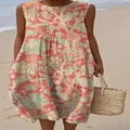 Close-up view of a sleeveless floral print casual midi dress for bohemian beach style - 4XL / Dresses / Orange-Red Floral Print (Pattern 35)