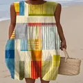 Detailed close-up of a sleeveless midi dress featuring a vibrant geometric abstract print - 4XL / Dresses / Multicolor Geometric Abstract Print (Pattern 36)