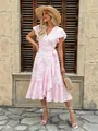 Elegant floral print wrap dress featuring butterfly sleeves and a feminine ruffle hem - S / Dresses / Pink