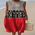 Casual sleeveless maxi dress with black stripes and geometric print over a red skirt on beach - 4XL / Dresses / Red Geometric Patchwork Print