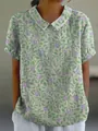 Casual short-sleeved floral blouse with lapel collar for women, loose summer top style - S / Tops / Light Green (Purple Flowers and Green Leaves)