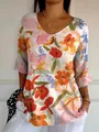 Casual T-shirt met V-hals met vrolijke bloemenprint en vijfpuntige mouwen - XS / Tops / Patroon 18
