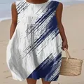 Sleeveless summer beach dress with blue brush-stroke print and straw tote bag detail - 4XL / Dresses / Deep Blue Ink Splash Print