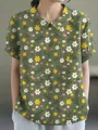 Detail view of green floral short sleeve blouse with lapel collar and casual loose fit - S / Tops / Dark Green (Tri-color Floral)