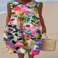Detail view of a colorful floral sleeveless casual midi dress for summer beach wear - 4XL / Dresses / Multicolor Abstract Floral Print