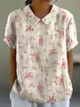 Floral print short sleeve blouse with a Peter Pan collar, casual linen-like summer top. - S / Tops / Creamy White (Pink Rose Print)