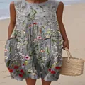 Detailed view of grey sleeveless dress with vibrant floral embroidery and functional pockets - 4XL / Dresses / Grey Floral Print
