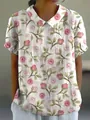 Womens casual short sleeve lapel shirt featuring a pink rose and green leaf print - S / Tops / Beige Pink Rose Floral (Pattern 16)