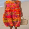 Vibrant sleeveless colorful floral printed midi dress for beach casual wear, summer style - 4XL / Dresses / Multi-color Abstract Art Print