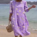Elegant purple floral embroidered maxi dress with round neck and casual 5-point sleeves - S / Dresses / Purple Floral (Y-21)