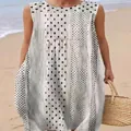 Sleeveless long dress featuring unique black and white polka dot and geometric prints. - 4XL / Dresses / Black and White Patchwork Print (Pattern 45)