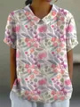 Close-up of floral print short-sleeved top with lapel collar and loose casual fit - S / Tops / Pink and Purple Botanical Floral (Pattern 14)