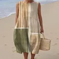 Women's sleeveless casual long dress with mixed green and striped prints for summer - 4XL / Dresses / Stripe Patchwork (Pattern 46)