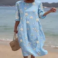 Light blue boho midi dress with white floral print and half sleeves for casual wear - S / Dresses / Light Blue Floral (Y-22)