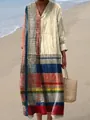 Boho chic loose V-neck maxi dress with geometric patchwork print and long sleeves - S / Dresses / Multi-color 2