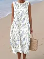 Detailed view of white sleeveless maxi dress featuring blue floral print and side pocket - 4XL / Dresses / Blue & White Floral Print