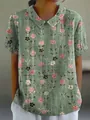 Women's loose casual short sleeve blouse featuring a vintage floral print and lapel collar - S / Tops / Vintage Green Pink and White Floral (Pattern 12)