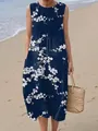Navy blue sleeveless midi dress with white floral print for a casual beach look. - 4XL / Dresses / Deep Blue Floral (Floral 48)