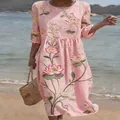 Pink half-sleeved long dress with elegant lotus floral print and round neck. - S / Dresses / Pink Lotus (Y-23)