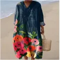 Close-up detail of the vibrant floral print on this loose V-neck long sleeve maxi dress - S / Dresses / Floral Print 4