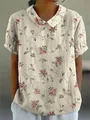 Elegant women's casual loose short sleeve blouse featuring vintage floral print and lapel - S / Tops / Off-white Pink and Green Floral (Pattern 11)
