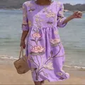 Elegant purple midi dress with 3D lotus floral print and half sleeves for casual summer - S / Dresses / Purple Lotus (Y-24)