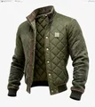 Macro view of olive green quilted men's bomber jacket featuring a stand-up collar - S / Tops / Army Green
