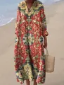 Bohemian loose V-neck maxi dress with ethnic floral print in vibrant red for beach vacations. - S / Dresses / Pattern 10