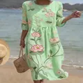 Light green round neck midi dress with elegant floral lotus print and half sleeves - S / Dresses / Light Green Lotus (Y-25)