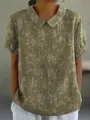 Elegant women's casual floral print short sleeve top with polo collar in olive green - S / Tops / Dark Green (Polka Dot and Floral)